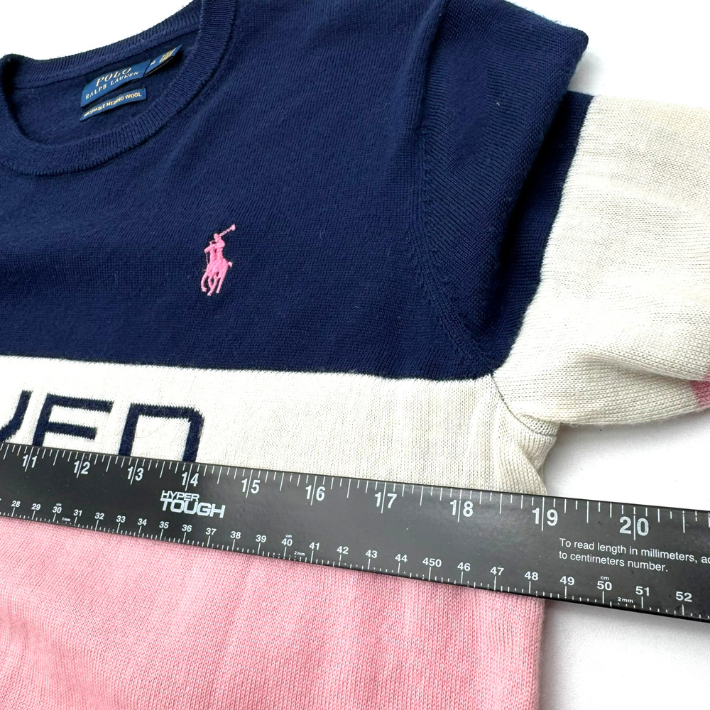 POLO RALPH LAUREN Women's Medium Navy White Pink Merino Wool LOVED Pony Sweater - Picture 8 of 10